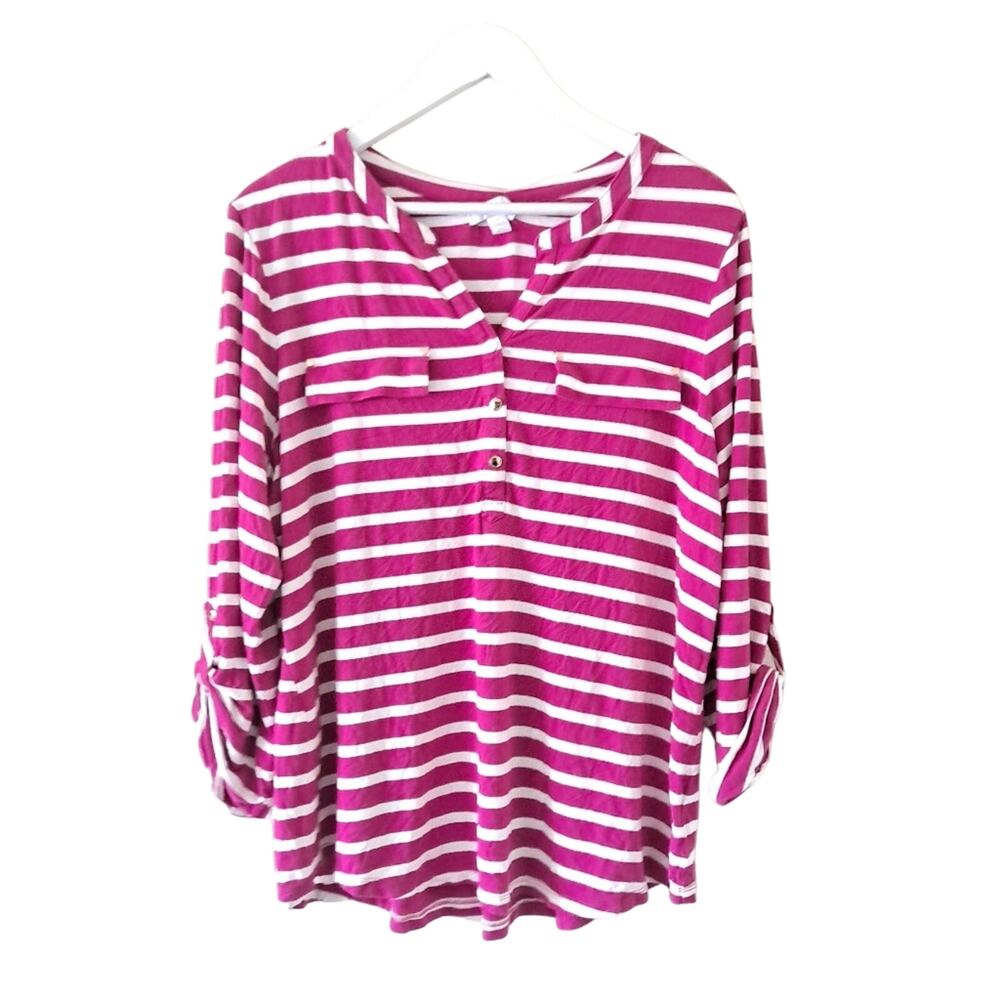 Charter Club Tee Womens Size 2X Pink & White Stripe Half button Front 3/4 Sleeve